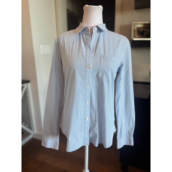 Theory Blue White Striped Essential Button Down Large Collar Shirt cotton top - Picture 6 of 11